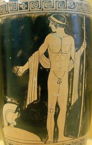 Ephèbe désignant les armes, vase attique du Ve siècle av. JC