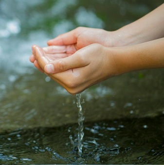 Hands scooping water from stream